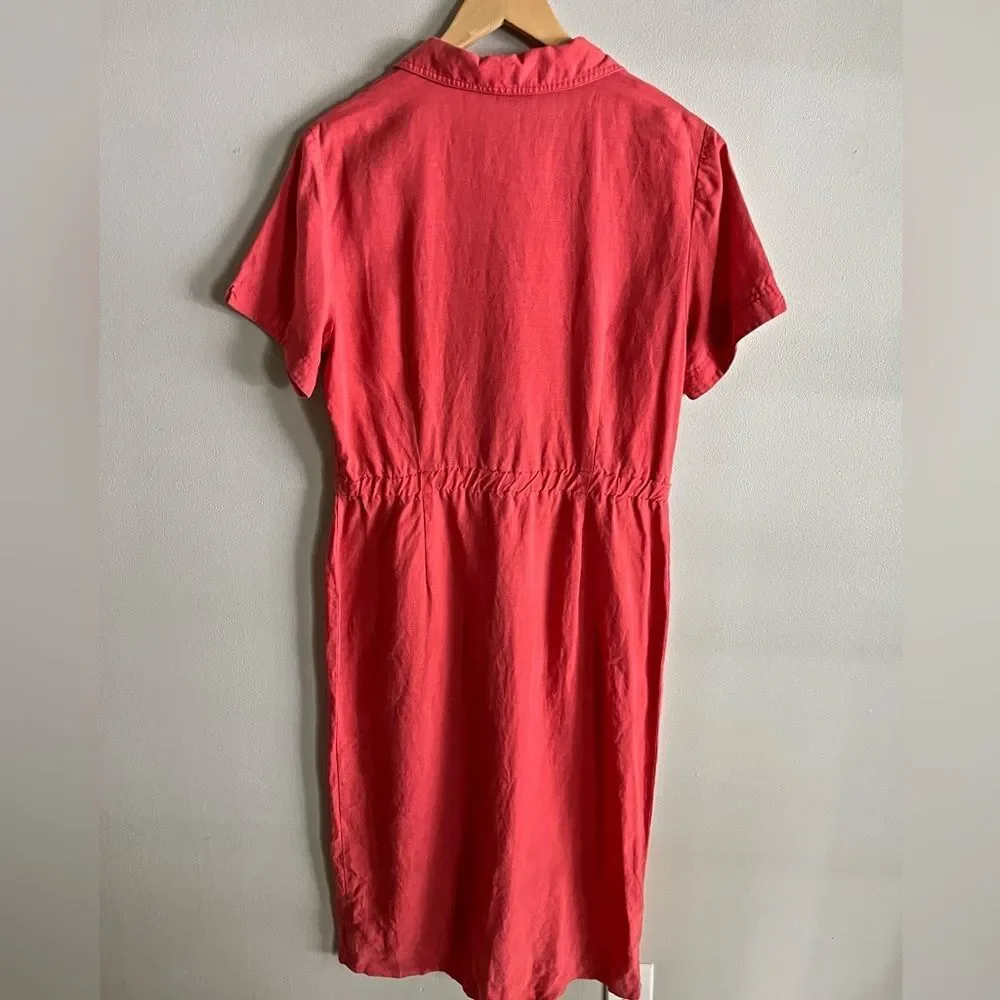 Talbots Linen Blend Shirt-Dress With Pockets Short Sleeve Red Rustic M-L